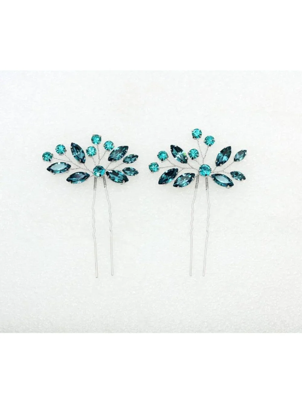 Stunning Teal Rhinestone Floral Hair Pins Set - Elegant Accessories (2 Pcs)